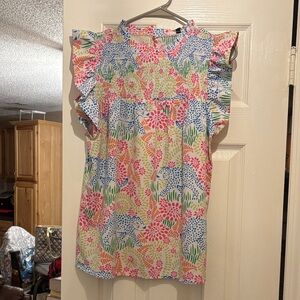 Colorful Floral Ruffle Sleeve Blouse